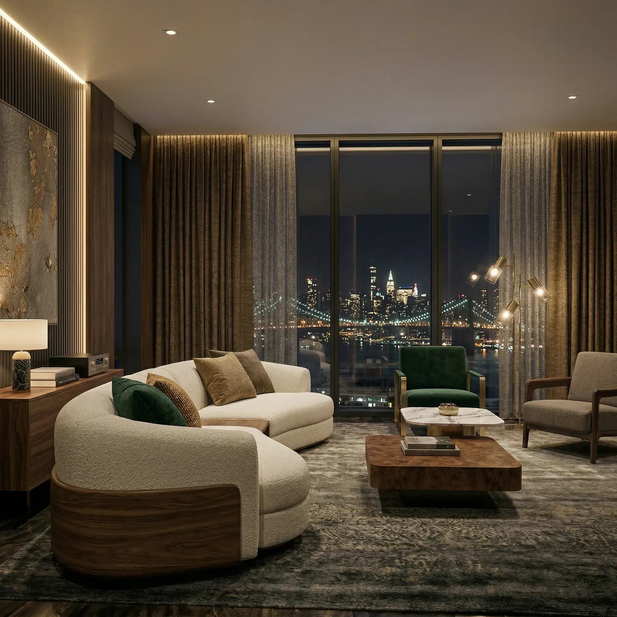 Luxury living room with curved sofa, city skyline view at night, warm ambient lighting